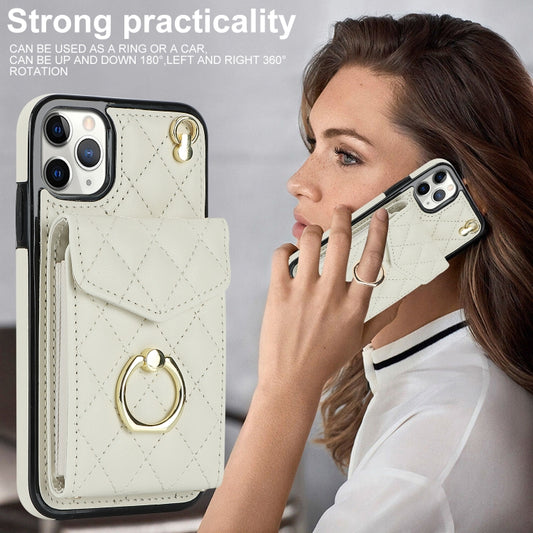 For iPhone 11 Pro Rhombic Texture Card Bag Phone Case with Long Lanyard(White) - iPhone 11 Pro Cases by buy2fix | Online Shopping UK | buy2fix