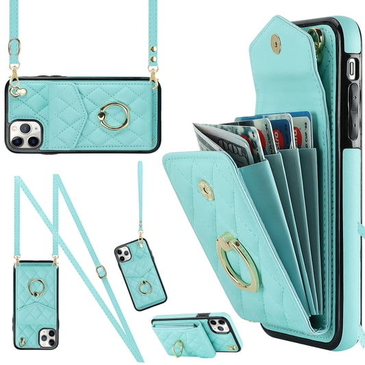 For iPhone 11 Pro Rhombic Texture Card Bag Phone Case with Long Lanyard(Mint Green) - iPhone 11 Pro Cases by buy2fix | Online Shopping UK | buy2fix