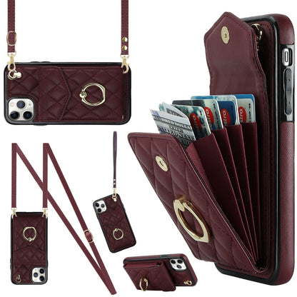 For iPhone 11 Pro Rhombic Texture Card Bag Phone Case with Long Lanyard(Wine Red) - iPhone 11 Pro Cases by buy2fix | Online Shopping UK | buy2fix