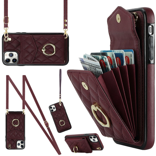 For iPhone 11 Pro Rhombic Texture Card Bag Phone Case with Long Lanyard(Wine Red) - iPhone 11 Pro Cases by buy2fix | Online Shopping UK | buy2fix