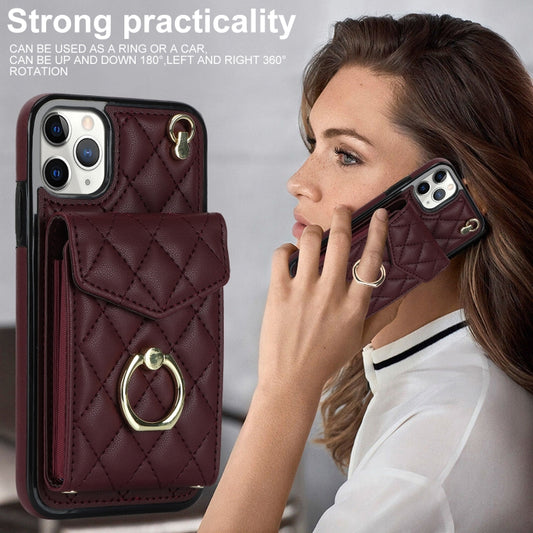 For iPhone 11 Pro Rhombic Texture Card Bag Phone Case with Long Lanyard(Wine Red) - iPhone 11 Pro Cases by buy2fix | Online Shopping UK | buy2fix