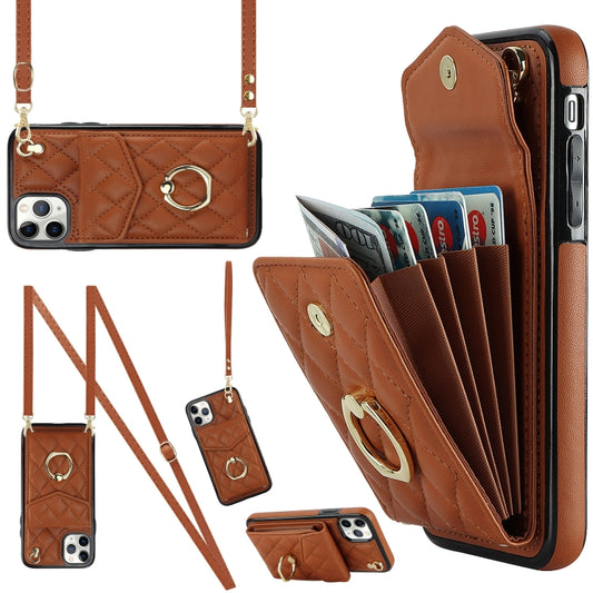 For iPhone 11 Pro Rhombic Texture Card Bag Phone Case with Long Lanyard(Brown) - iPhone 11 Pro Cases by buy2fix | Online Shopping UK | buy2fix