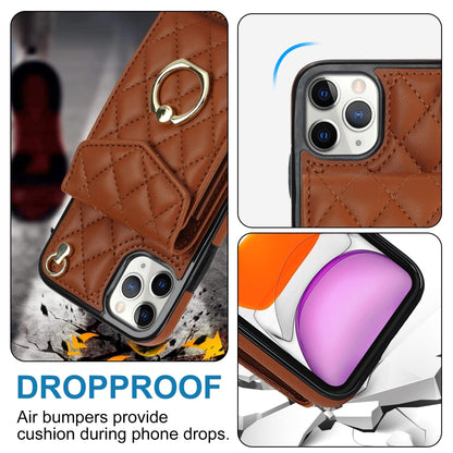 For iPhone 11 Pro Rhombic Texture Card Bag Phone Case with Long Lanyard(Brown) - iPhone 11 Pro Cases by buy2fix | Online Shopping UK | buy2fix