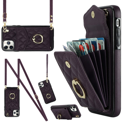 For iPhone 11 Pro Rhombic Texture Card Bag Phone Case with Long Lanyard(Dark Purple) - iPhone 11 Pro Cases by buy2fix | Online Shopping UK | buy2fix