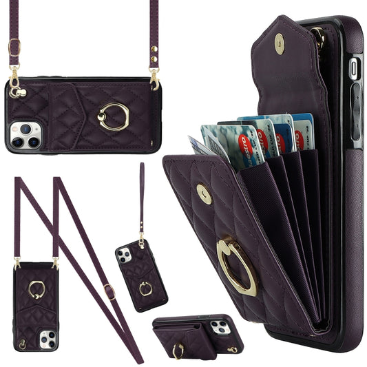 For iPhone 11 Pro Rhombic Texture Card Bag Phone Case with Long Lanyard(Dark Purple) - iPhone 11 Pro Cases by buy2fix | Online Shopping UK | buy2fix