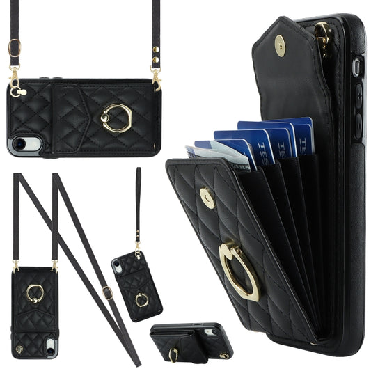 For iPhone XR Rhombic Texture Card Bag Phone Case with Long Lanyard(Black) - More iPhone Cases by buy2fix | Online Shopping UK | buy2fix