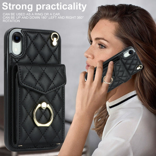 For iPhone XR Rhombic Texture Card Bag Phone Case with Long Lanyard(Black) - More iPhone Cases by buy2fix | Online Shopping UK | buy2fix