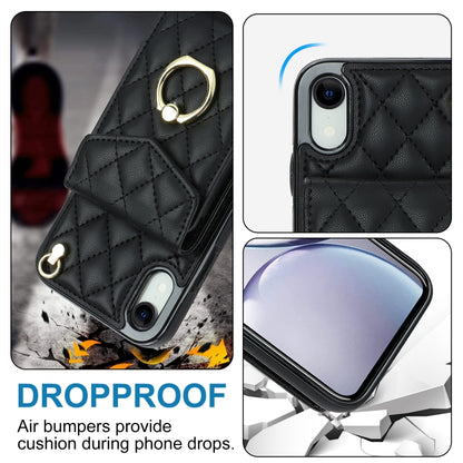 For iPhone XR Rhombic Texture Card Bag Phone Case with Long Lanyard(Black) - More iPhone Cases by buy2fix | Online Shopping UK | buy2fix