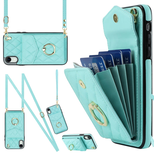 For iPhone XR Rhombic Texture Card Bag Phone Case with Long Lanyard(Mint Green) - More iPhone Cases by buy2fix | Online Shopping UK | buy2fix