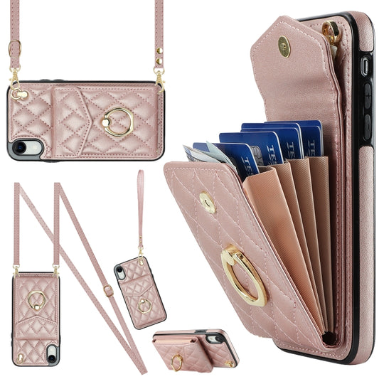 For iPhone XR Rhombic Texture Card Bag Phone Case with Long Lanyard(Rose Gold) - More iPhone Cases by buy2fix | Online Shopping UK | buy2fix