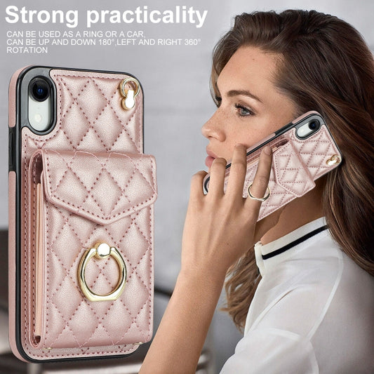 For iPhone XR Rhombic Texture Card Bag Phone Case with Long Lanyard(Rose Gold) - More iPhone Cases by buy2fix | Online Shopping UK | buy2fix