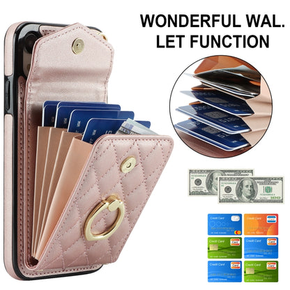 For iPhone XR Rhombic Texture Card Bag Phone Case with Long Lanyard(Rose Gold) - More iPhone Cases by buy2fix | Online Shopping UK | buy2fix
