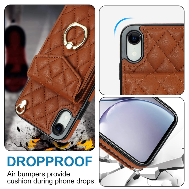 For iPhone XR Rhombic Texture Card Bag Phone Case with Long Lanyard(Brown) - More iPhone Cases by buy2fix | Online Shopping UK | buy2fix