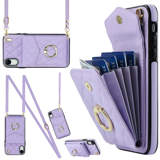 For iPhone XR Rhombic Texture Card Bag Phone Case with Long Lanyard(Light Purple) - More iPhone Cases by buy2fix | Online Shopping UK | buy2fix