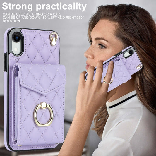 For iPhone XR Rhombic Texture Card Bag Phone Case with Long Lanyard(Light Purple) - More iPhone Cases by buy2fix | Online Shopping UK | buy2fix