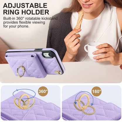 For iPhone XR Rhombic Texture Card Bag Phone Case with Long Lanyard(Light Purple) - More iPhone Cases by buy2fix | Online Shopping UK | buy2fix