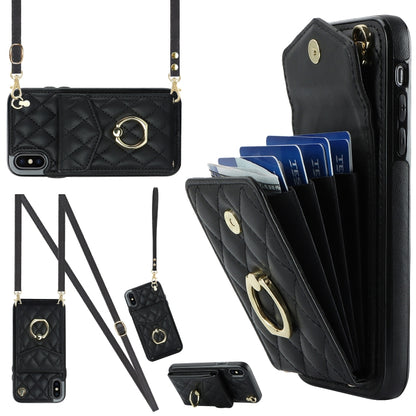 For iPhone XS Max Rhombic Texture Card Bag Phone Case with Long Lanyard(Black) - More iPhone Cases by buy2fix | Online Shopping UK | buy2fix