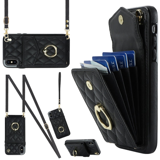 For iPhone XS Max Rhombic Texture Card Bag Phone Case with Long Lanyard(Black) - More iPhone Cases by buy2fix | Online Shopping UK | buy2fix