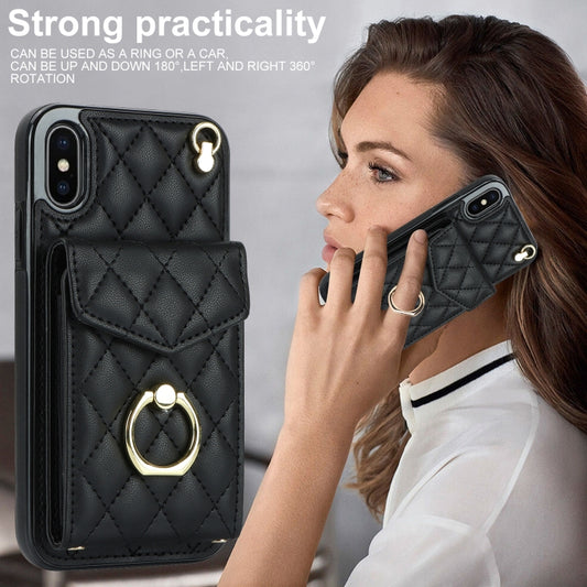 For iPhone XS Max Rhombic Texture Card Bag Phone Case with Long Lanyard(Black) - More iPhone Cases by buy2fix | Online Shopping UK | buy2fix