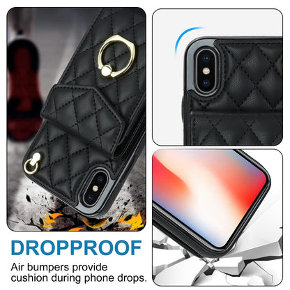 For iPhone XS Max Rhombic Texture Card Bag Phone Case with Long Lanyard(Black) - More iPhone Cases by buy2fix | Online Shopping UK | buy2fix