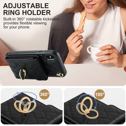 For iPhone XS Max Rhombic Texture Card Bag Phone Case with Long Lanyard(Black) - More iPhone Cases by buy2fix | Online Shopping UK | buy2fix