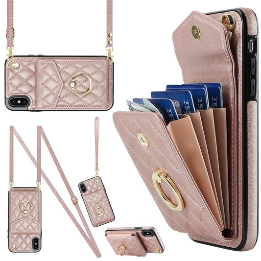 For iPhone XS Max Rhombic Texture Card Bag Phone Case with Long Lanyard(Rose Gold) - More iPhone Cases by buy2fix | Online Shopping UK | buy2fix