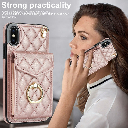 For iPhone XS Max Rhombic Texture Card Bag Phone Case with Long Lanyard(Rose Gold) - More iPhone Cases by buy2fix | Online Shopping UK | buy2fix
