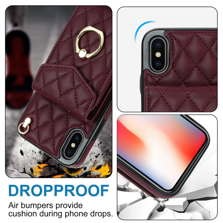 For iPhone XS Max Rhombic Texture Card Bag Phone Case with Long Lanyard(Wine Red) - More iPhone Cases by buy2fix | Online Shopping UK | buy2fix