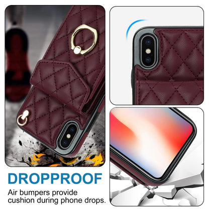 For iPhone XS Max Rhombic Texture Card Bag Phone Case with Long Lanyard(Wine Red) - More iPhone Cases by buy2fix | Online Shopping UK | buy2fix