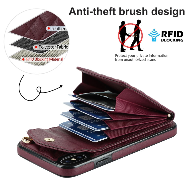 For iPhone XS Max Rhombic Texture Card Bag Phone Case with Long Lanyard(Wine Red) - More iPhone Cases by buy2fix | Online Shopping UK | buy2fix
