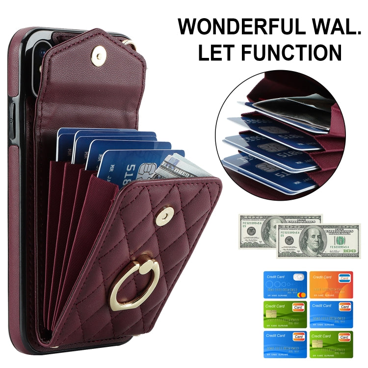 For iPhone XS Max Rhombic Texture Card Bag Phone Case with Long Lanyard(Wine Red) - More iPhone Cases by buy2fix | Online Shopping UK | buy2fix