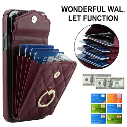 For iPhone XS Max Rhombic Texture Card Bag Phone Case with Long Lanyard(Wine Red) - More iPhone Cases by buy2fix | Online Shopping UK | buy2fix
