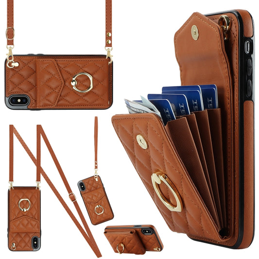 For iPhone XS Max Rhombic Texture Card Bag Phone Case with Long Lanyard(Brown) - More iPhone Cases by buy2fix | Online Shopping UK | buy2fix