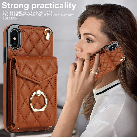 For iPhone XS Max Rhombic Texture Card Bag Phone Case with Long Lanyard(Brown) - More iPhone Cases by buy2fix | Online Shopping UK | buy2fix