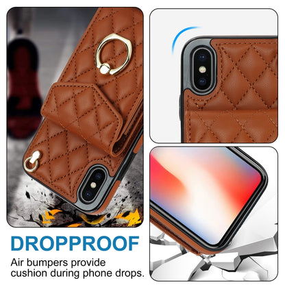 For iPhone XS Max Rhombic Texture Card Bag Phone Case with Long Lanyard(Brown) - More iPhone Cases by buy2fix | Online Shopping UK | buy2fix