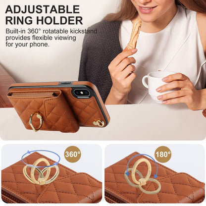 For iPhone XS Max Rhombic Texture Card Bag Phone Case with Long Lanyard(Brown) - More iPhone Cases by buy2fix | Online Shopping UK | buy2fix