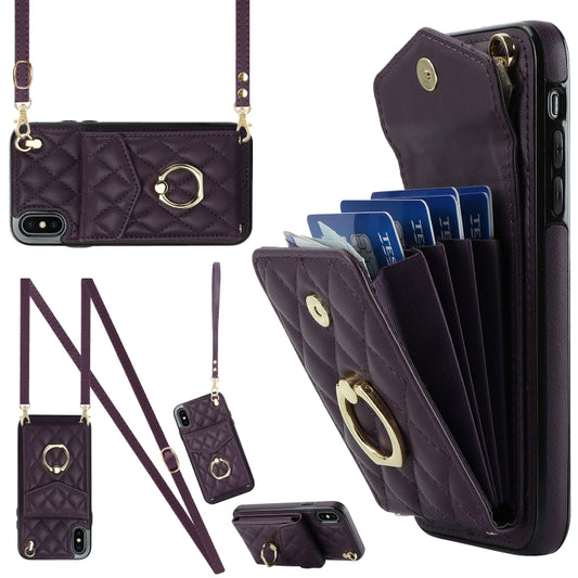 For iPhone XS Max Rhombic Texture Card Bag Phone Case with Long Lanyard(Dark Purple) - More iPhone Cases by buy2fix | Online Shopping UK | buy2fix