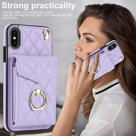 For iPhone XS Max Rhombic Texture Card Bag Phone Case with Long Lanyard(Light Purple) - More iPhone Cases by buy2fix | Online Shopping UK | buy2fix