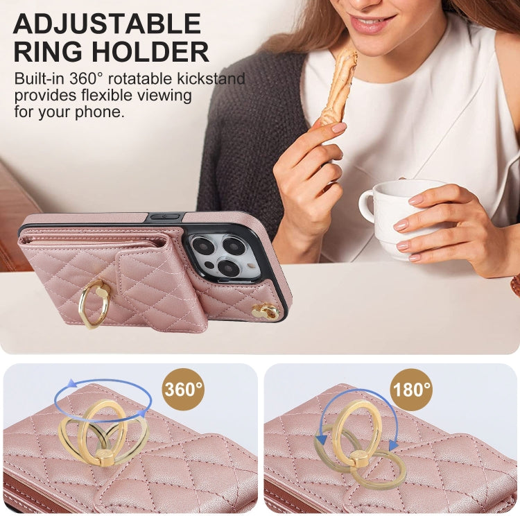 For iPhone 15 Rhombic Texture Card Bag Phone Case with Long Lanyard(Rose Gold) - iPhone 15 Cases by buy2fix | Online Shopping UK | buy2fix