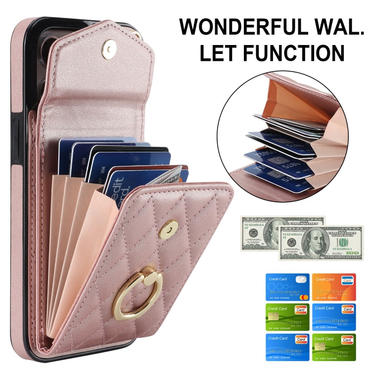 For iPhone 15 Rhombic Texture Card Bag Phone Case with Long Lanyard(Rose Gold) - iPhone 15 Cases by buy2fix | Online Shopping UK | buy2fix