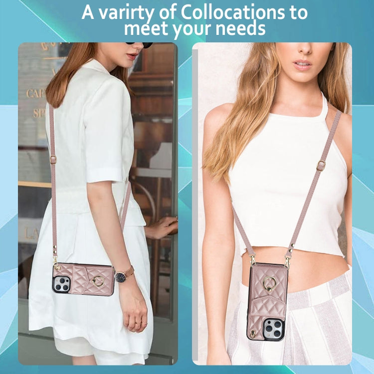 For iPhone 15 Rhombic Texture Card Bag Phone Case with Long Lanyard(Rose Gold) - iPhone 15 Cases by buy2fix | Online Shopping UK | buy2fix
