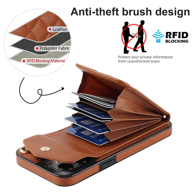 For iPhone 15 Rhombic Texture Card Bag Phone Case with Long Lanyard(Brown) - iPhone 15 Cases by buy2fix | Online Shopping UK | buy2fix