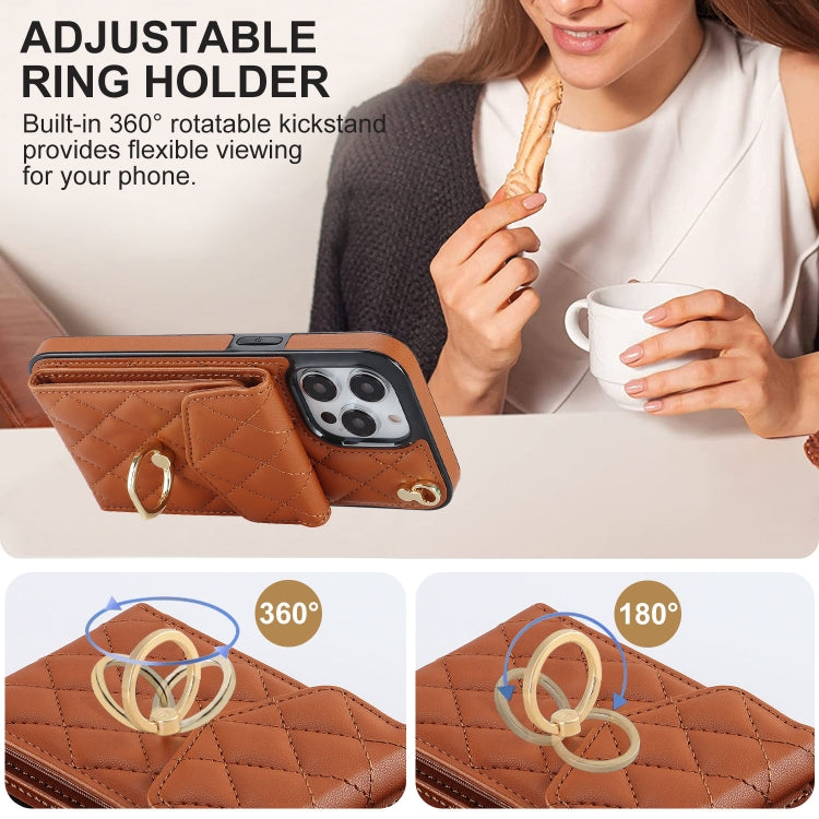 For iPhone 15 Rhombic Texture Card Bag Phone Case with Long Lanyard(Brown) - iPhone 15 Cases by buy2fix | Online Shopping UK | buy2fix