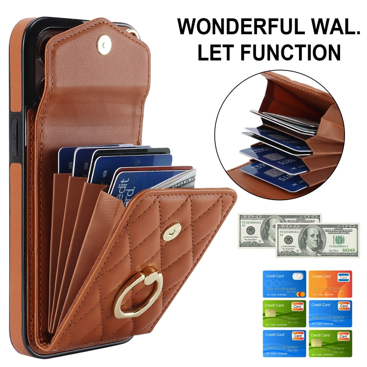 For iPhone 15 Rhombic Texture Card Bag Phone Case with Long Lanyard(Brown) - iPhone 15 Cases by buy2fix | Online Shopping UK | buy2fix