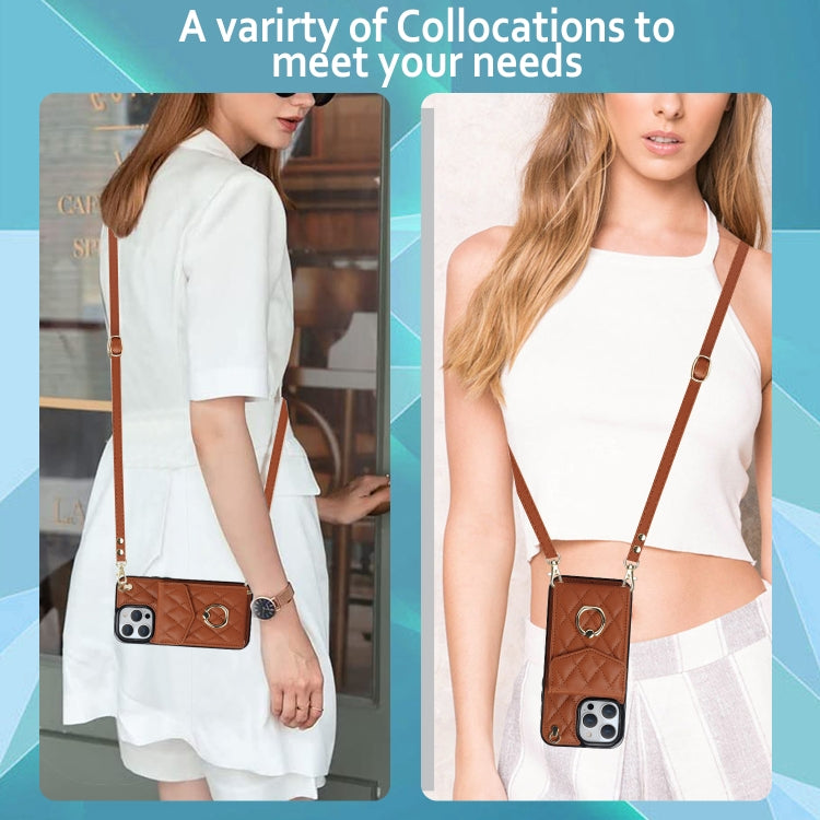 For iPhone 15 Rhombic Texture Card Bag Phone Case with Long Lanyard(Brown) - iPhone 15 Cases by buy2fix | Online Shopping UK | buy2fix