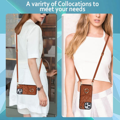 For iPhone 15 Rhombic Texture Card Bag Phone Case with Long Lanyard(Brown) - iPhone 15 Cases by buy2fix | Online Shopping UK | buy2fix