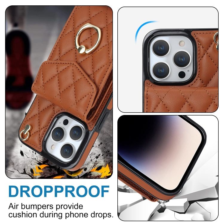 For iPhone 15 Rhombic Texture Card Bag Phone Case with Long Lanyard(Brown) - iPhone 15 Cases by buy2fix | Online Shopping UK | buy2fix