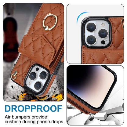 For iPhone 15 Rhombic Texture Card Bag Phone Case with Long Lanyard(Brown) - iPhone 15 Cases by buy2fix | Online Shopping UK | buy2fix