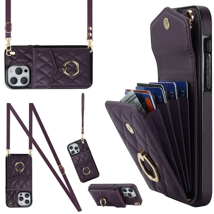 For iPhone 15 Rhombic Texture Card Bag Phone Case with Long Lanyard(Dark Purple) - iPhone 15 Cases by buy2fix | Online Shopping UK | buy2fix