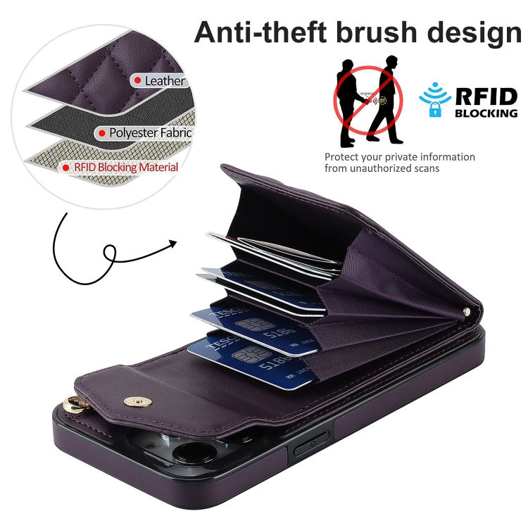 For iPhone 15 Rhombic Texture Card Bag Phone Case with Long Lanyard(Dark Purple) - iPhone 15 Cases by buy2fix | Online Shopping UK | buy2fix
